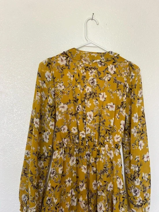 Show Me You MuMu Mustard Floral Dress Addy Yellow Long Sleeve Mini Ruffles Bow S - Picture 7 of 9